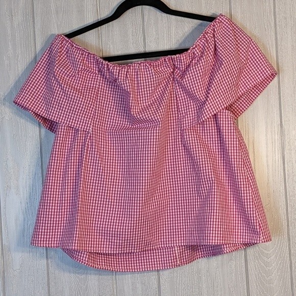 TOPSHOP Maggie Bardot Gingham Pink White Checkered Plaid Off the Shoulder SZ 8 - Picture 7 of 7